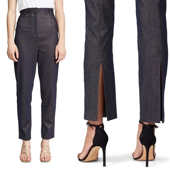 C/MEO‎ 70s Navy Met­al­lic Shimmer Ultra High Waist Slim Ankle Slit Trousers 4 - Picture 8 of 11